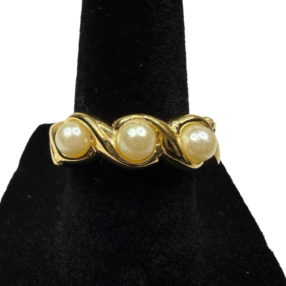 Vintage 18K GE Gold Plated Simulated Pearl Twisted Band Ring Size 6.5